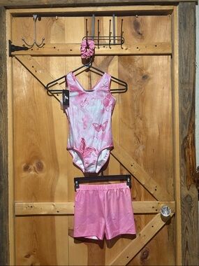 Girls Pink Butterfly Dance Leotard with Matching Shorts and Scrunchie